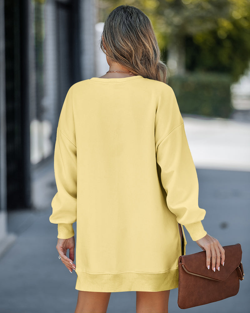 Letter Patch Detail Long Sleeve Drop Shoulder Pullover Sweatshirt Casual Zipper Side Slit Top