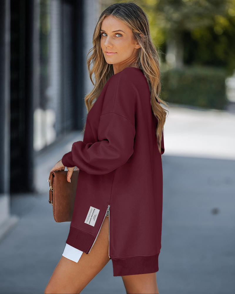 Letter Patch Detail Long Sleeve Drop Shoulder Pullover Sweatshirt Casual Zipper Side Slit Top