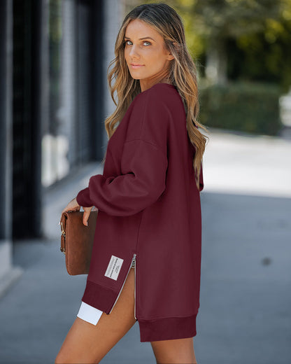 Letter Patch Detail Long Sleeve Drop Shoulder Pullover Sweatshirt Casual Zipper Side Slit Top