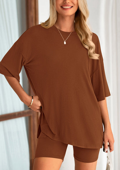 PRETTYGARDEN Women's Two Piece Lounge Set Summer Casual Oversized Shirts Biker Shorts Matching Airport Travel Outfit