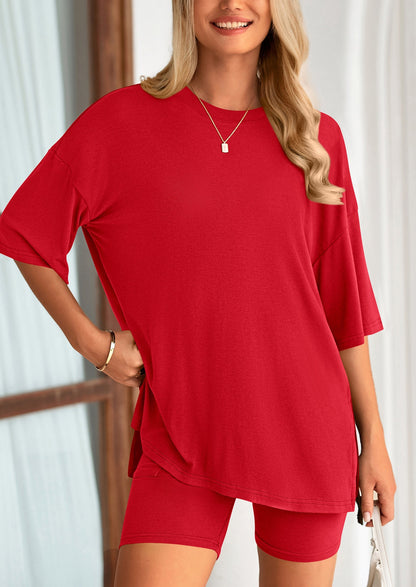 PRETTYGARDEN Women's Two Piece Lounge Set Summer Casual Oversized Shirts Biker Shorts Matching Airport Travel Outfit