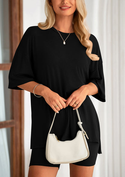 PRETTYGARDEN Women's Two Piece Lounge Set Summer Casual Oversized Shirts Biker Shorts Matching Airport Travel Outfit