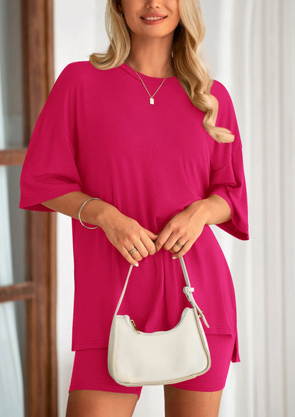 PRETTYGARDEN Women's Two Piece Lounge Set Summer Casual Oversized Shirts Biker Shorts Matching Airport Travel Outfit