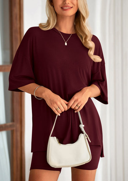 PRETTYGARDEN Women's Two Piece Lounge Set Summer Casual Oversized Shirts Biker Shorts Matching Airport Travel Outfit