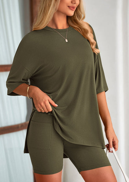 PRETTYGARDEN Women's Two Piece Lounge Set Summer Casual Oversized Shirts Biker Shorts Matching Airport Travel Outfit