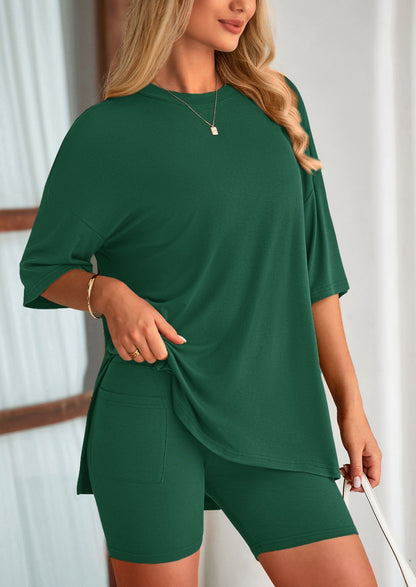 PRETTYGARDEN Women's Two Piece Lounge Set Summer Casual Oversized Shirts Biker Shorts Matching Airport Travel Outfit