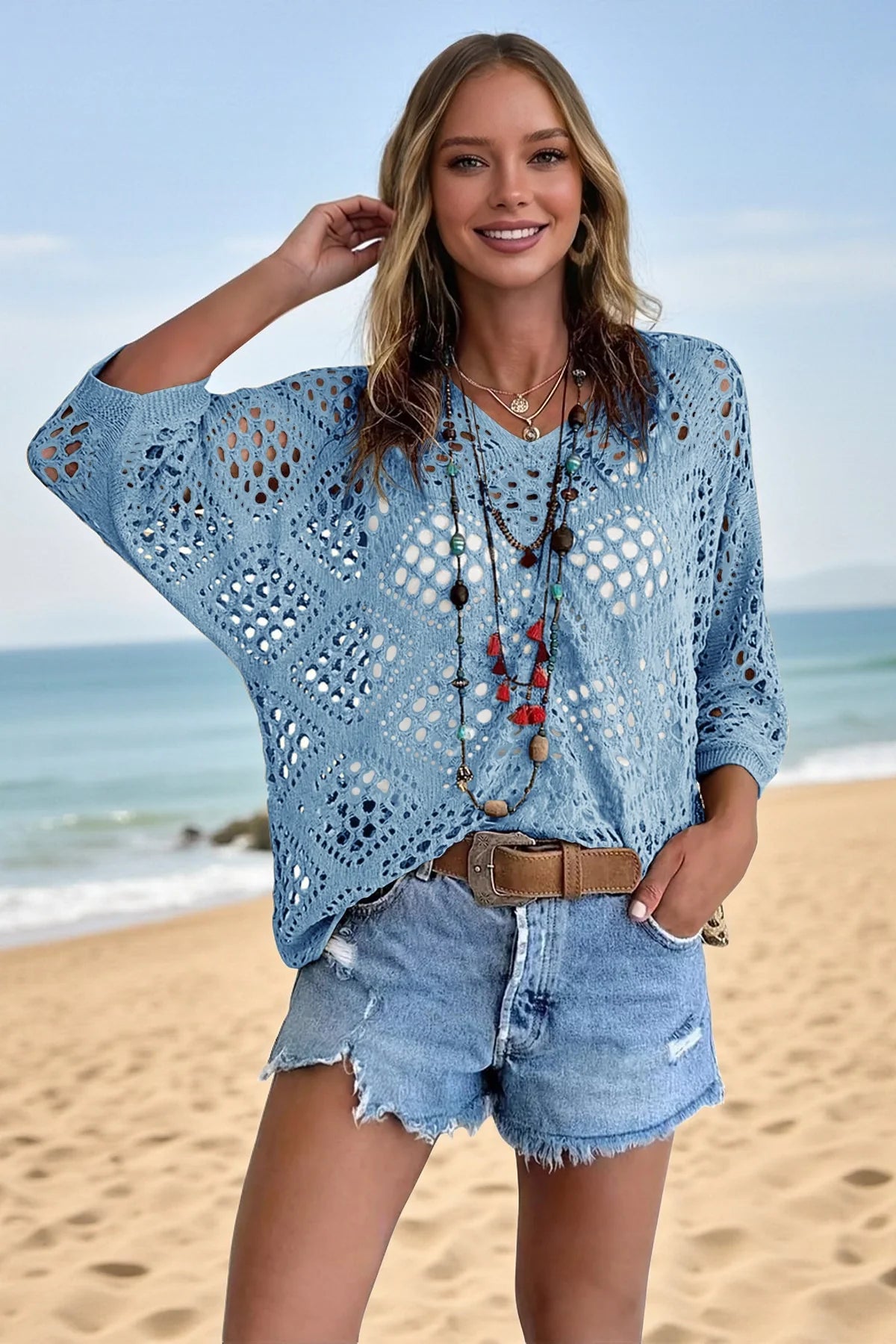 Womens Blue Summer Short Sleeve Crochet Swimsuit Fisoew