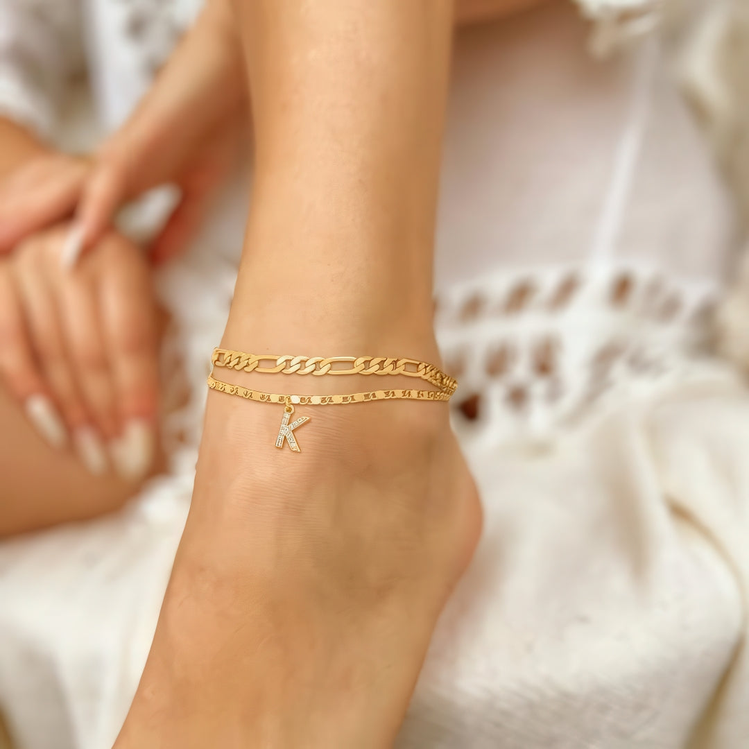 Floraya | Layered Anklet Set with Initial Charm